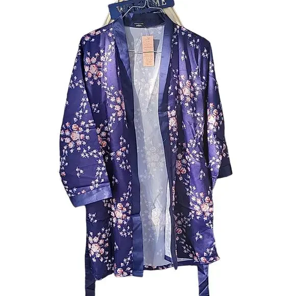 Morgan Lane Navy Pink Floral Satin Tie Close Silky Lounge Allie Robe Size Small